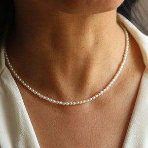 Collar de perlas de agua dulce genuinas en forma de arroz, gargantilla de perlas de agua dulce de alta calidad hecha a mano, collar, delicado collar de perlas de arroz