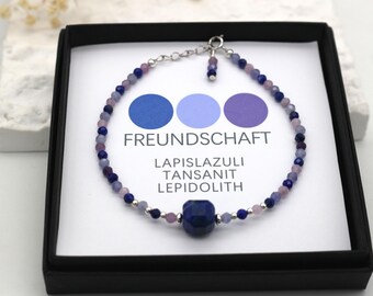 FREUNDSCHAFT Glücksarmband, Edelstein Armband, Schutzarmband, Lapislazuli Tansanit Lepidolith, facettiert 3mm Edelstein, 925 S Verschluss