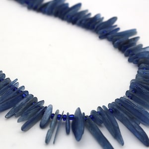 Puede incluir: Un collar con cuentas de piedras preciosas de kianita azul. El collar presenta una serie de piezas de kianita alargadas y puntiagudas intercaladas con pequeñas cuentas azules redondas. Las piedras preciosas son de un tono azul profundo, creando un contraste llamativo.