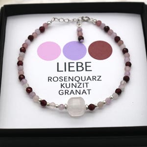 LOVE lucky bracelet, gemstone bracelet, protective bracelet, rose quartz kunzite garnet, faceted 3 mm gemstone, 925 silver clasp