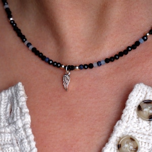 Spinel necklace, fine gemstone necklace made of spinel, sapphire and aquamarine, 925 sterling silver angel wings