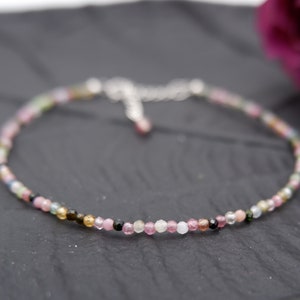 Delicate gemstone bracelet, faceted tourmaline, 2 mm gemstone bead bracelet, thin stacking bracelet