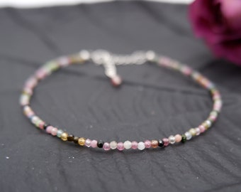 Delicate gemstone bracelet, faceted tourmaline, 2 mm gemstone bead bracelet, thin stacking bracelet