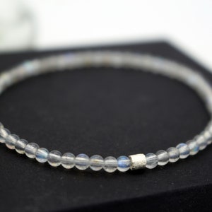 delicate 3 mm labradorite pearl bracelet, stretch elastic grey moonstone bracelet