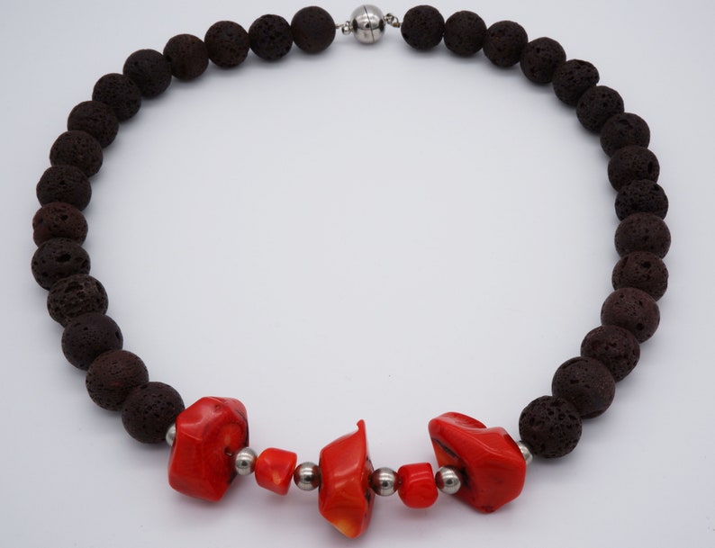 Elegant brown lava and coral necklace with magnetic clasp gemstone jewelry Gemstone necklace long necklace