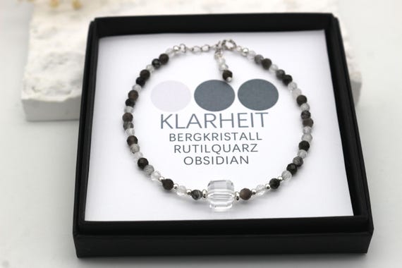 KLARHEIT Glücksarmband, Edelstein Armband, Schutzarmband, Bergkristall Rutilquarz Obsidian, facettiert 3mm Edelstein, 925 Silber Verschluss