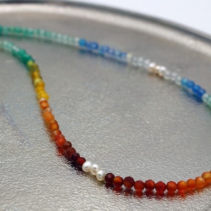 filigree delicate colorful agate and freshwater pearl necklace, 3 mm rainbow pearl necklace, gemstone necklace