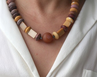 Brown necklace made of various agate stones, gemstone necklace, long gemstone necklace, gemstone jewelry