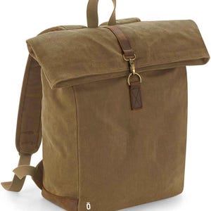 Heritage Waxed Canvas Backpack rucksack Bag-Strova-Work bag-sports-outdoor-university-Laptop compatible-Antique brass effect fittings. Desert sand