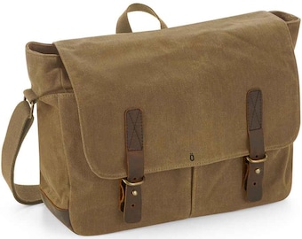 Waxed Canvas Messenger Bag, Leather Trim, Brass Fittings, 14-inch Laptop