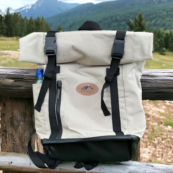 Backpack Recycled Backpack-Roll top-Rucksack-Laptop Backpack-ATHOS-Our signature labelled mountains-camping-outdoor-100% recycled polyester