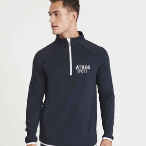 May include: A black long-sleeve shirt with a white zipper and white trim. The shirt has the text "ATHOS SPORT" printed on the front.