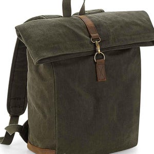 Heritage Waxed Canvas Backpack rucksack Bag-Strova-Work bag-sports-outdoor-university-Laptop compatible-Antique brass effect fittings. Olive green