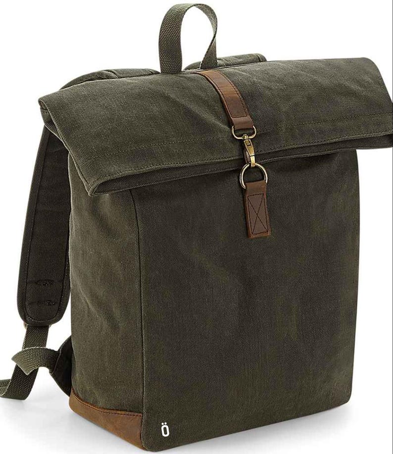 Heritage Waxed Canvas Backpack rucksack Bag-Strova-Work bag-sports-outdoor-university-Laptop compatible-Antique brass effect fittings. Olive green