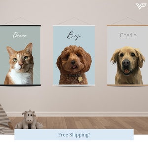 K&ouml;nnte beinhalten: Drei individuelle Haustierportr&auml;ts auf Leinwand. Die Portr&auml;ts zeigen eine Katze namens Oscar, einen Hund namens Benji und einen Hund namens Charlie. Jedes Portr&auml;t wird auf einem hellen Hintergrund mit dem Namen des Haustiers dar&uuml;ber angezeigt.