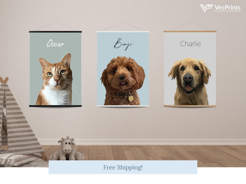 K&ouml;nnte beinhalten: Drei individuelle Haustierportr&auml;ts auf Leinwand. Die Portr&auml;ts zeigen eine Katze namens Oscar, einen Hund namens Benji und einen Hund namens Charlie. Jedes Portr&auml;t wird auf einem hellen Hintergrund mit dem Namen des Haustiers dar&uuml;ber angezeigt.