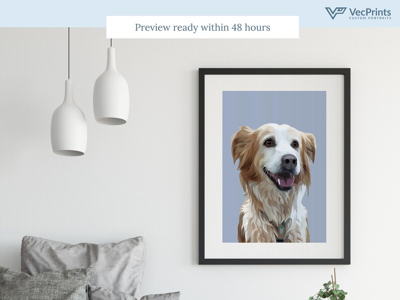 K&ouml;nnte beinhalten: Gerahmtes Portr&auml;t eines Golden Retrievers vor hellblauem Hintergrund. Der Hund hat braunes und wei&szlig;es Fell, ein Halsband und l&auml;chelt. Der Text "Preview ready within 48 hours" steht oben.