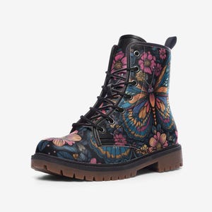 Whimsical Monarch Butterfly Floral Combat Boots, Vegan Leather, Enchanted Forest Boots