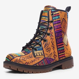 May include: Orange, yellow, blue, purple, and green patterned leather boots with black laces. The boots have a round toe and a thick black sole.