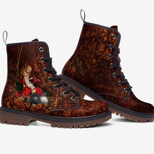 Alice in wonderland Boots, Combat Boots, Red Custom Shoes, Vegan Leather Boots,  Gifts for Her, Goth, Casual Cute Shoes