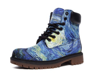 Botas de noche estrellada, pintura artística de Van Gogh, botas ligeras de cuero informales y modernas TB