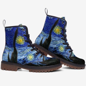 The Starry Night Boots, Women&#39;s Boots, Vegan Leather Boots, Combat Boots, Gift For Art Lover & Artist, Casual Boots