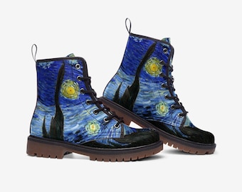 Botas de Noche Estrellada, Botas de Mujer, Botas de Cuero Vegano, Botas de Combate, Regalo para Amantes del Arte y Artistas, Botas Casuales