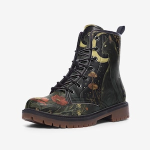 Celestial Moon Phases Combat Boots,  Stars and Sun, Vegan Leather Lightweight boots