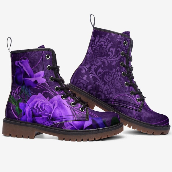 Lilac Damask & Roses Boots, Vegan Leather, Floral, Gift for her, Lightweight boots MT