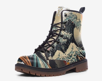 The Great Wave off Kanagawa Boots, Vegan Leather, Japanese Art, Womens Combat Boots, Lightweight boots