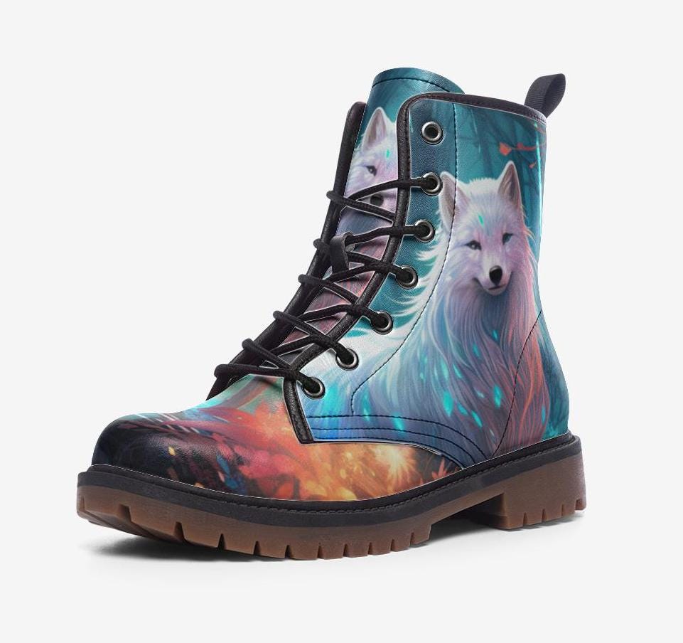 Enchanted Forest White Fox Combat Boots – Mystical Dark Woodland Design, Vegan Leather Boots
