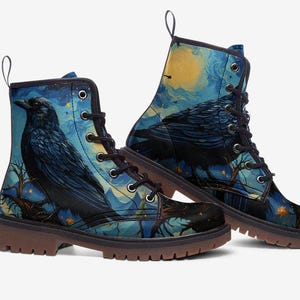 Raven Crow Combat Boots, Starry Night Painting, Art, Casual Leather Lightweight boots