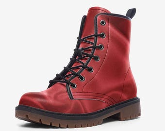 Red Silk Combat Boots, Beautiful Vegan Leather, Casual Leather Lightweight boots MT