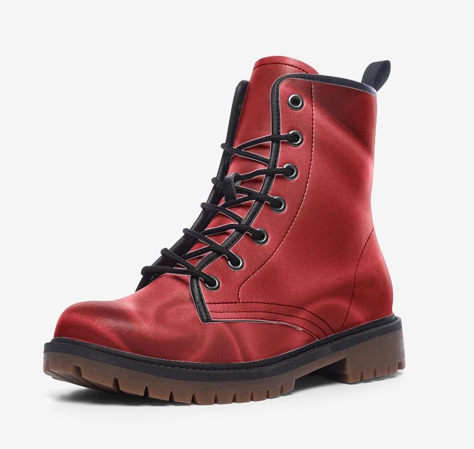 Red Silk Combat Boots, Beautiful Vegan Leather, Casual Leather Lightweight boots MT