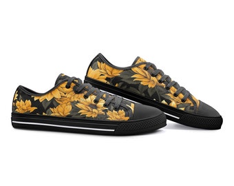 Sunflower Sneakers, Unisex Low Top Canvas Shoes, Floral Sneakers, Available in White and in Black