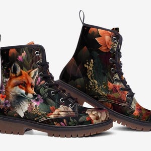 Cottagecore Fox Combat Boots, Vegan Leather, Casual Leather Lightweight boots MT