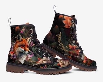 Cottagecore Fox Combat Boots, Vegan Leather, Casual Leather Lightweight boots MT