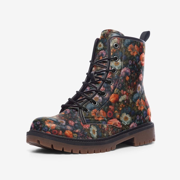 Floral Dark Academia Boots, Flowers Custom Shoes, Casual Leather Lightweight boots MT