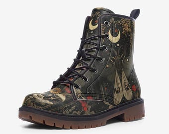 Enchanted Celestial Forest: Moth, Moon, and Roses Boots, Vegan Leather Lightweight boots