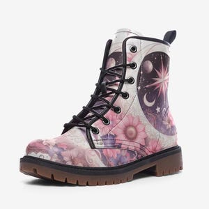 Pink Celestial Moon Flowers Boots, Mystical Vegan Leather Lightweight Combat Boots