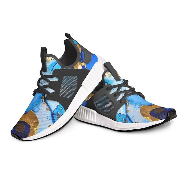 Blue Marble and Gold, running shoes, Unisex Lightweight Sneaker, Available in Black and in White