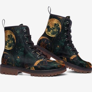 Celestial Moon Phases Combat Boots,  Stars and Sun, Vegan Leather Lightweight boots