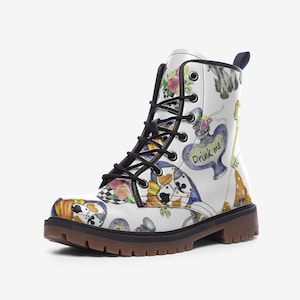 Alice in Wonderland Themed Combat Boots, Vegan Leather, Casual Leather Lightweight boots MT