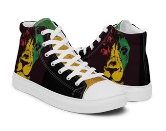 Rasta Lion Sneakers Rastafari Reggae Jamaica, Women&#39;s & Men’s high top canvas shoes.