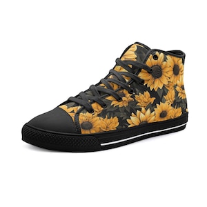 Sunflower Sneakers, Yellow Floral, Unisex High Top Canvas Shoes, Available in black and in white