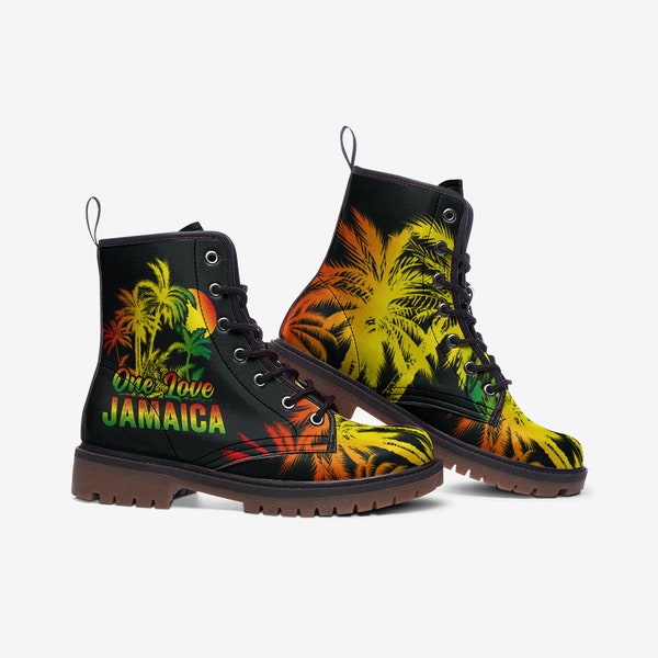 One Love Jamaica Boots, Rasta, Jamaican, Casual Leather Lightweight boots MT, Custom Shoes