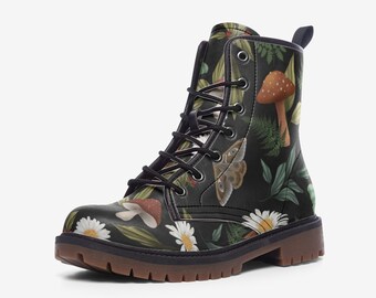 Goblincore Mushroom Boots,Vegan Leather,Combat Boots,Witchcore Festival Club,Mushroom Butterly Print Boots,Casual Leather Lightweight boots