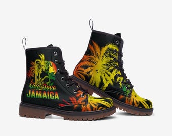 One Love Jamaica Boots, Rasta, Jamaican, Veganes Leder Leichte Stiefel MT, Custom Shoes