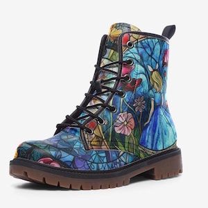 Alice in Wonderland Themed Combat Boots, Vegan Leather, Casual Leather Lightweight boots MT