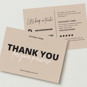 Carte de remerciement professionnelle neutre A6, modifiable, couleurs changeantes, toile, classe, simple, cartes pour réseaux sociaux, imprimable Merci pour votre achat